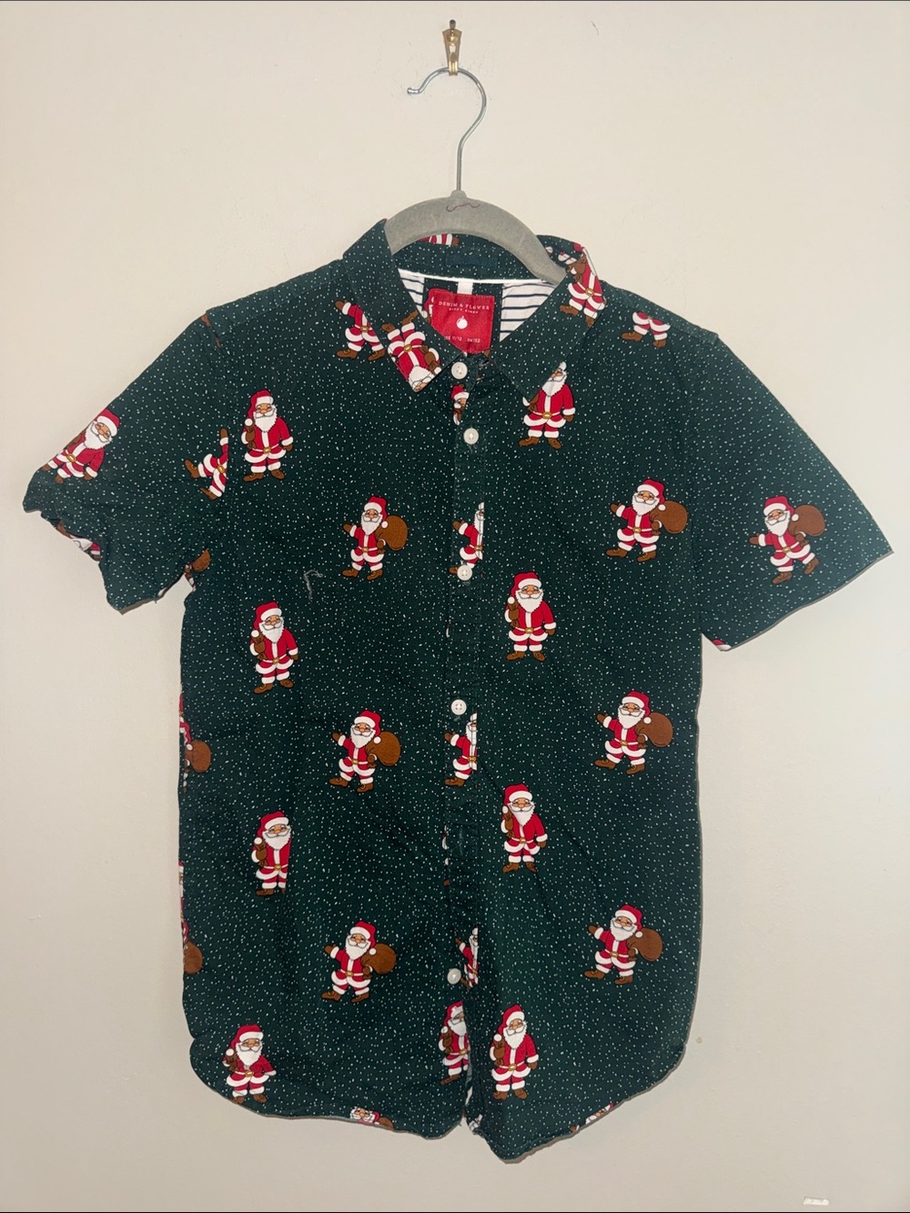 Denim & Flower Black Santa Print Short Sleeve Button-Up Shirt
